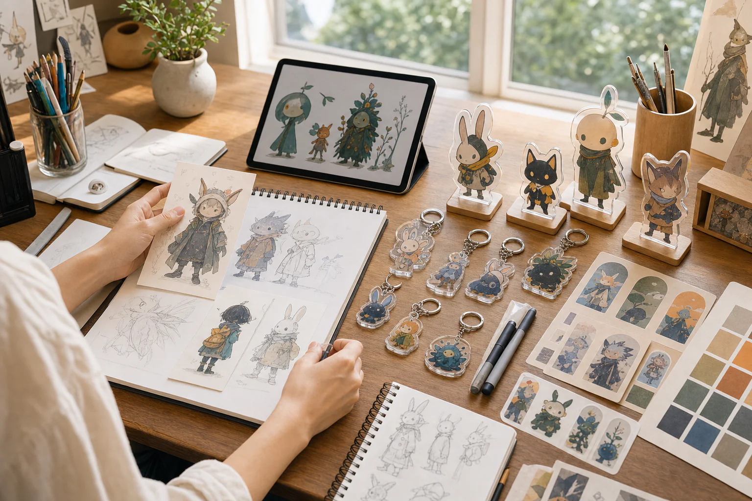 Illustrator's desk with character sketches next to finished acrylic charms and standees