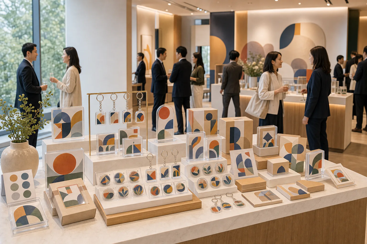 Brand event display table with acrylic giveaway sets and guests browsing
