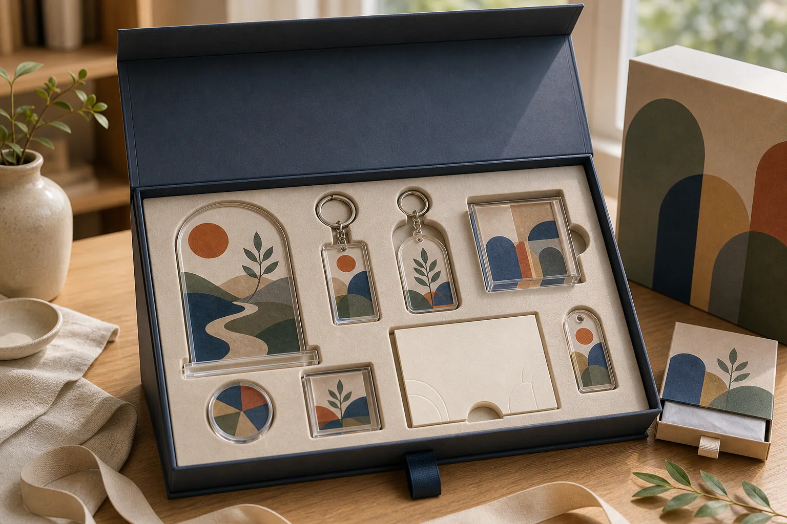 Navy collector gift box opened to show a themed acrylic merch set in an inner tray