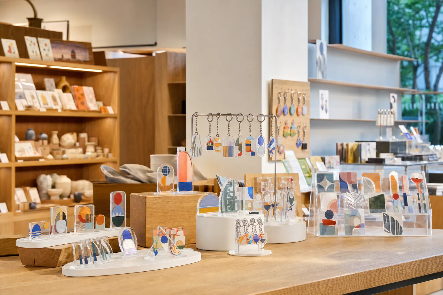 Museum gift shop displaying acrylic souvenirs on wooden counters