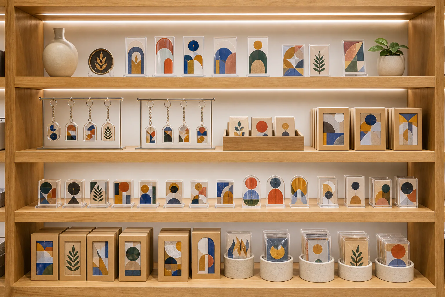 Museum shop shelf with boxed acrylic souvenirs arranged in neat rows