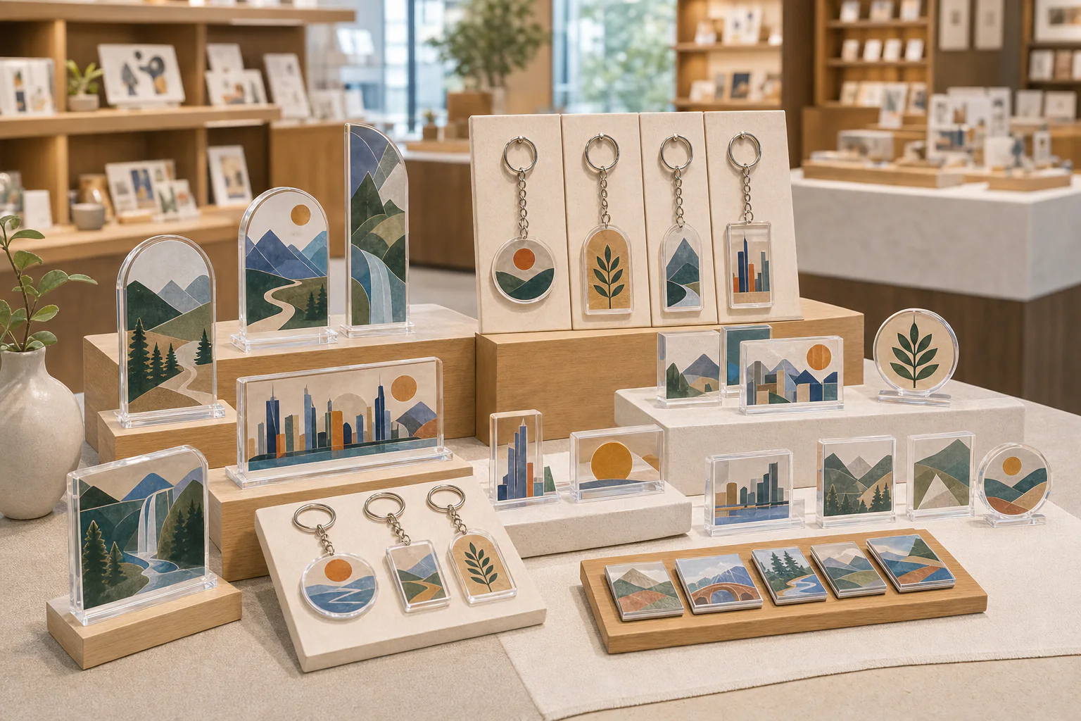 Arched acrylic souvenirs with landscape artwork displayed on a wooden shelf in a tourist shop