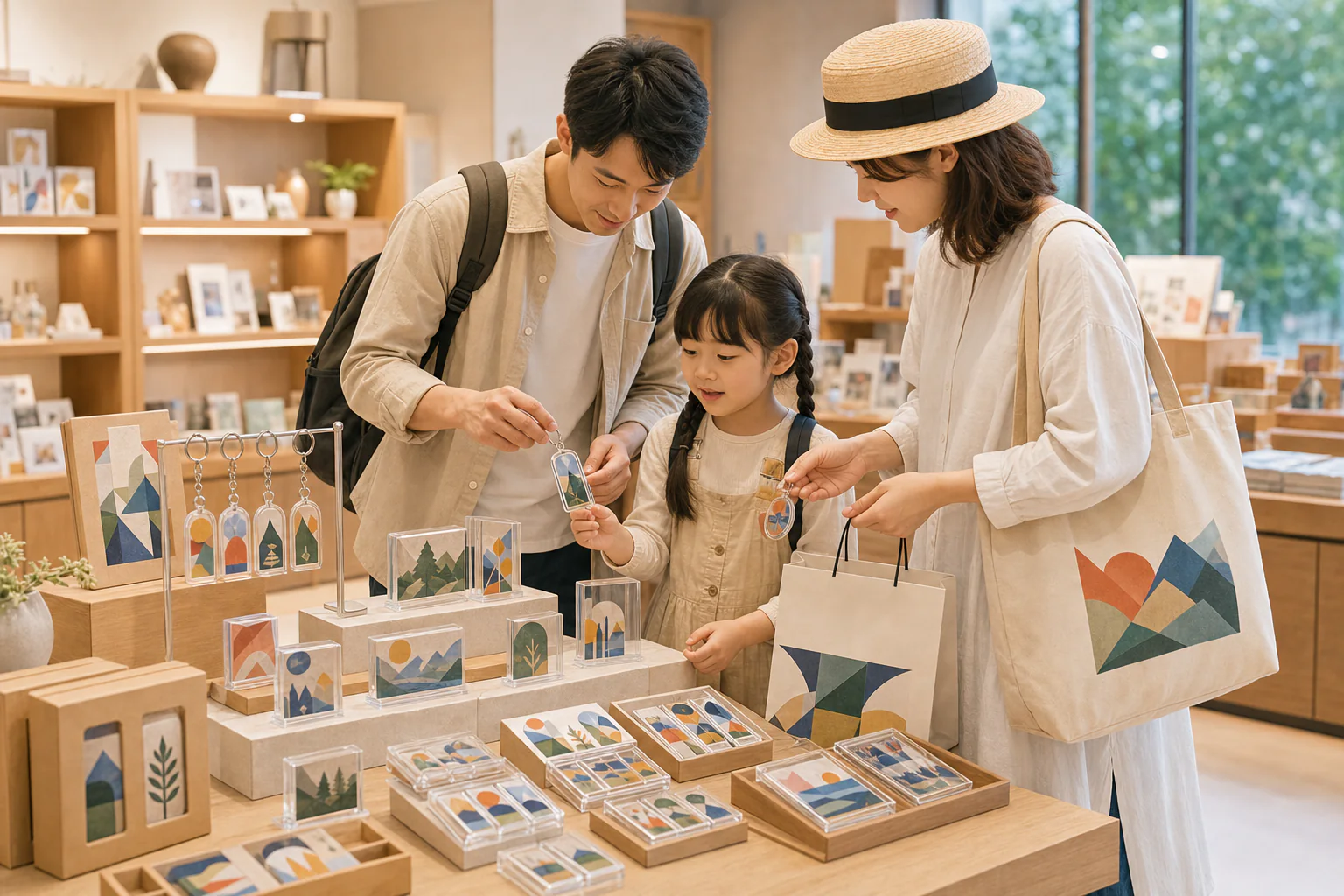 A family browsing acrylic souvenirs together at a sunlit tourist shop display