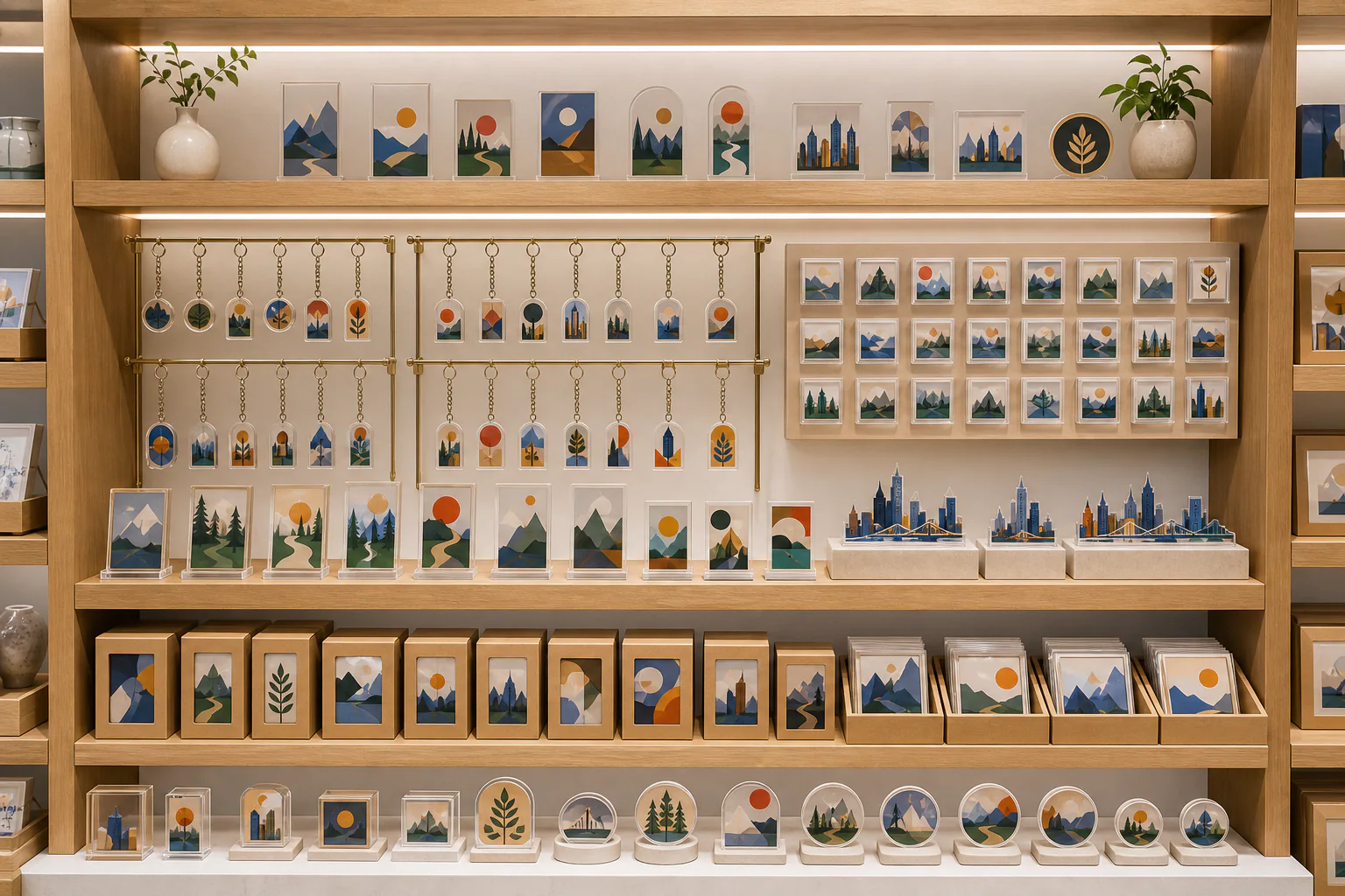 A souvenir shop wall fully stocked with acrylic magnets, keychains, and framed prints