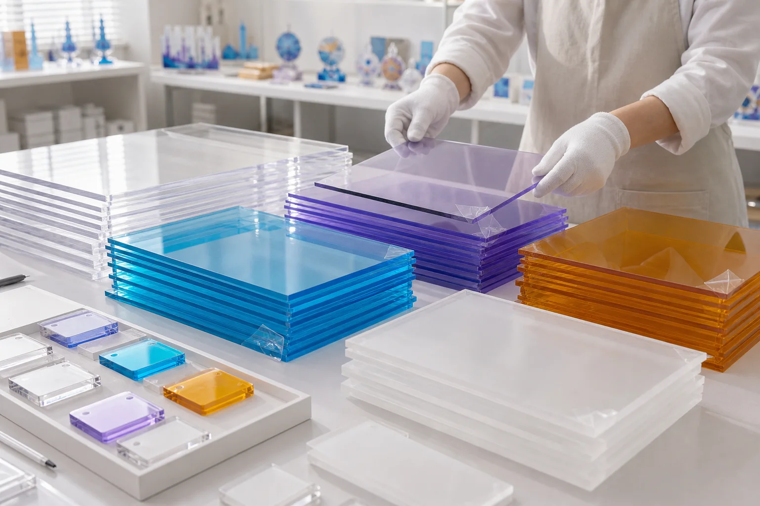 Stacks of clear, blue, violet, and amber cast acrylic sheet ready for cutting
