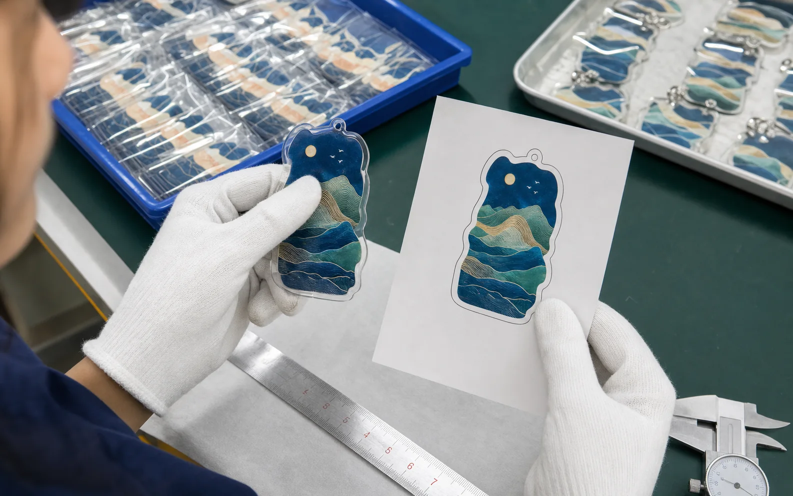 Gloved hands comparing a printed acrylic tag against the artwork proof sheet