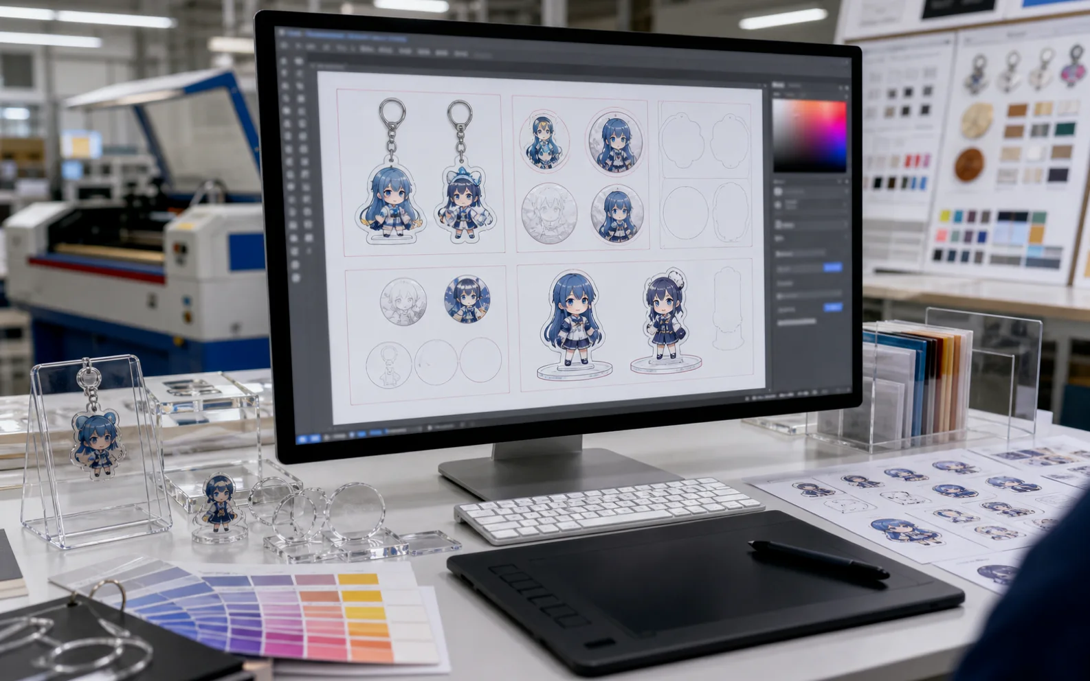Designer reviewing keychain die-line files on a monitor beside printed samples