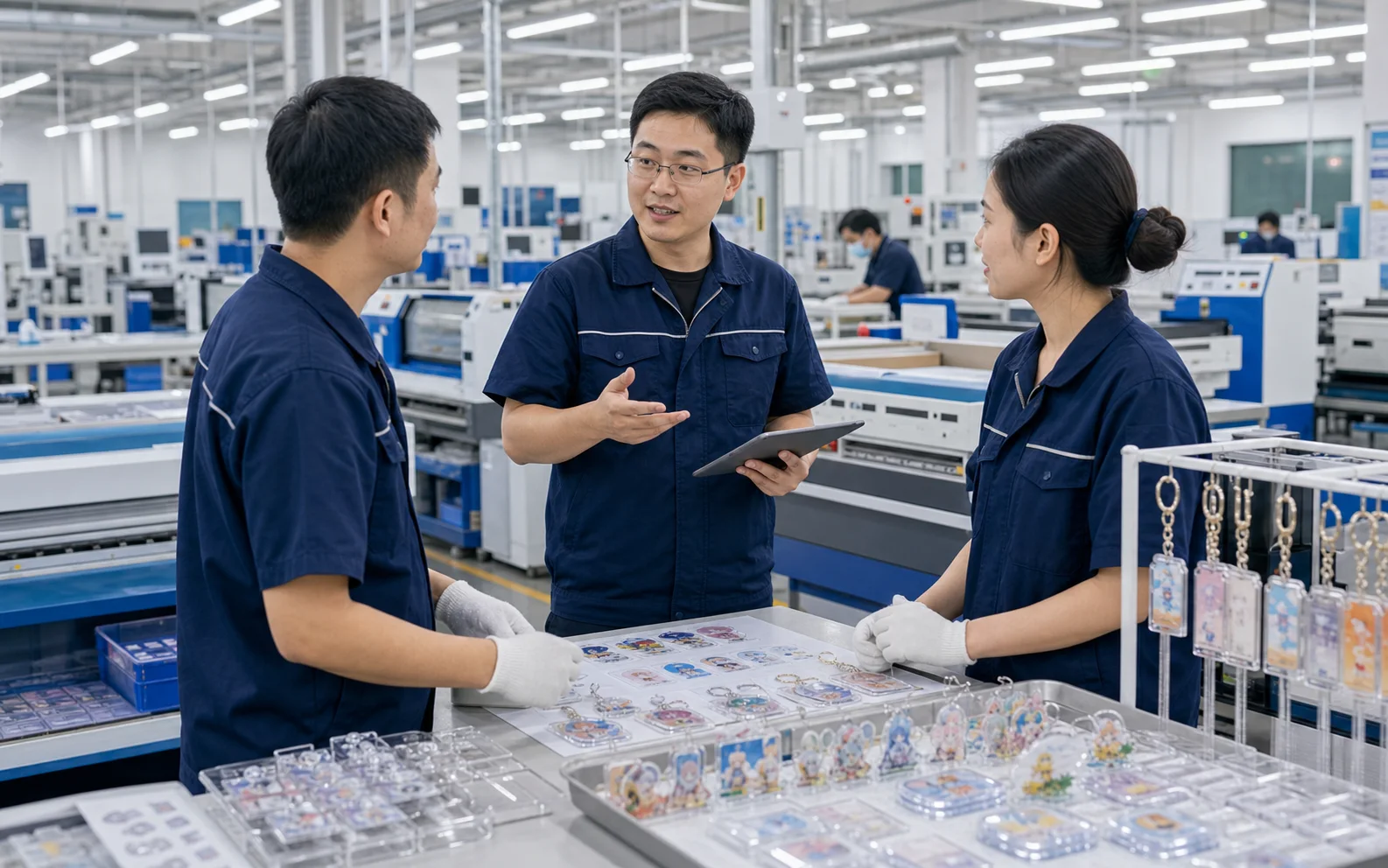 Sales and engineering staff discussing an acrylic merch order beside finished samples