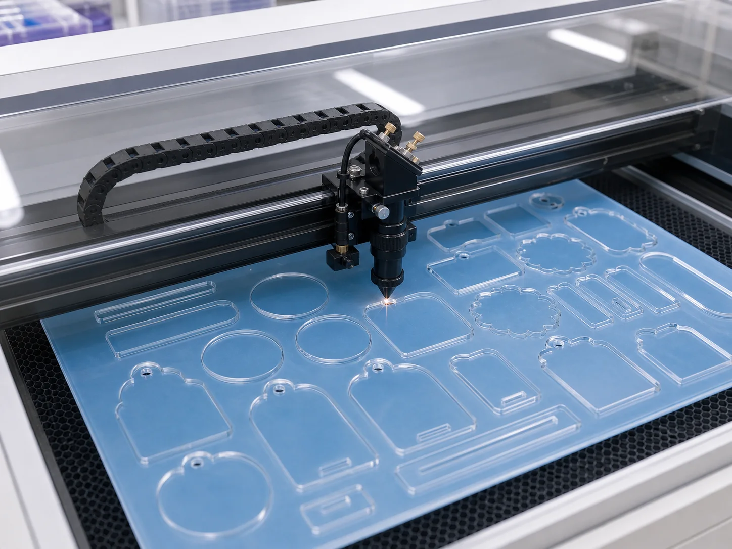Laser cutter head tracing outlines across an acrylic sheet
