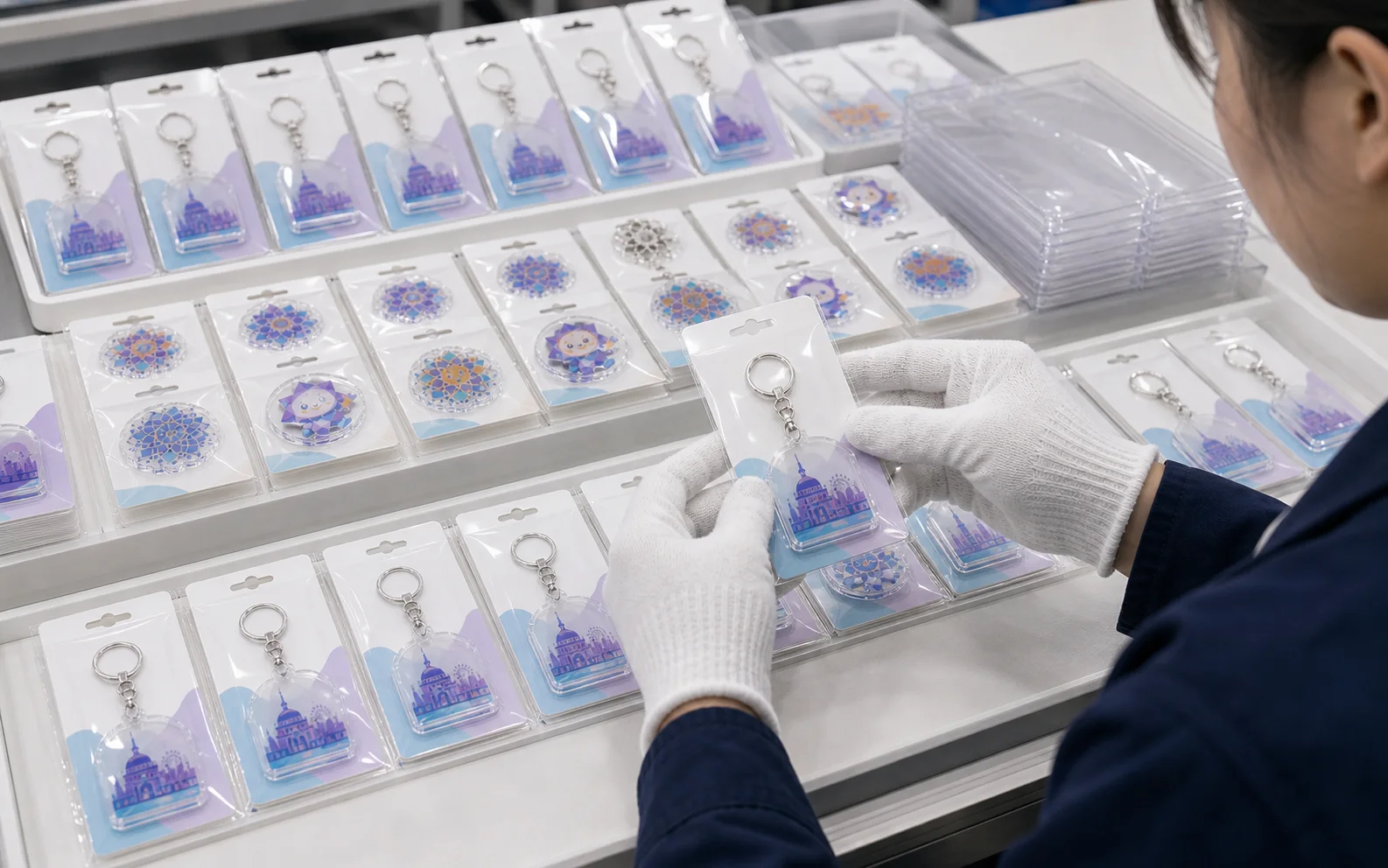 Backer cards and OPP bags being matched to finished acrylic keychains