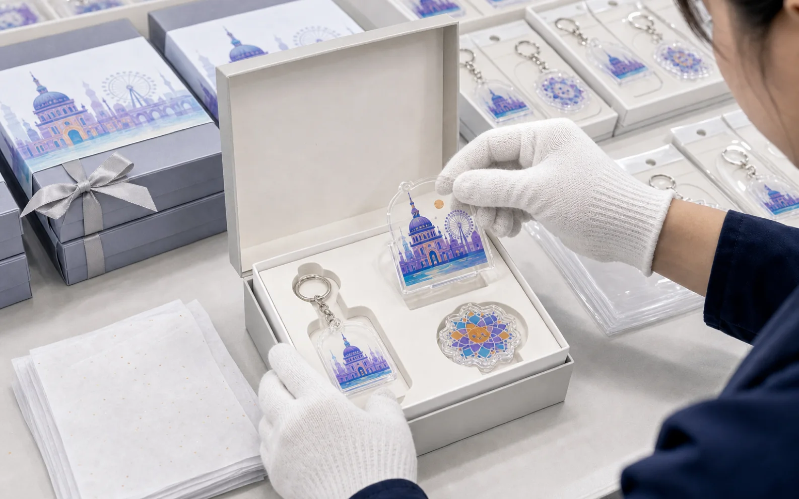 Finished acrylic keychain being placed into a printed gift box