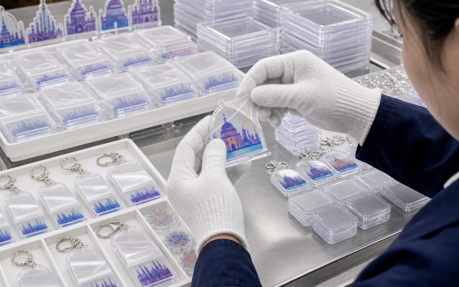 Inspector checking trays of packed acrylic keychains against a checklist