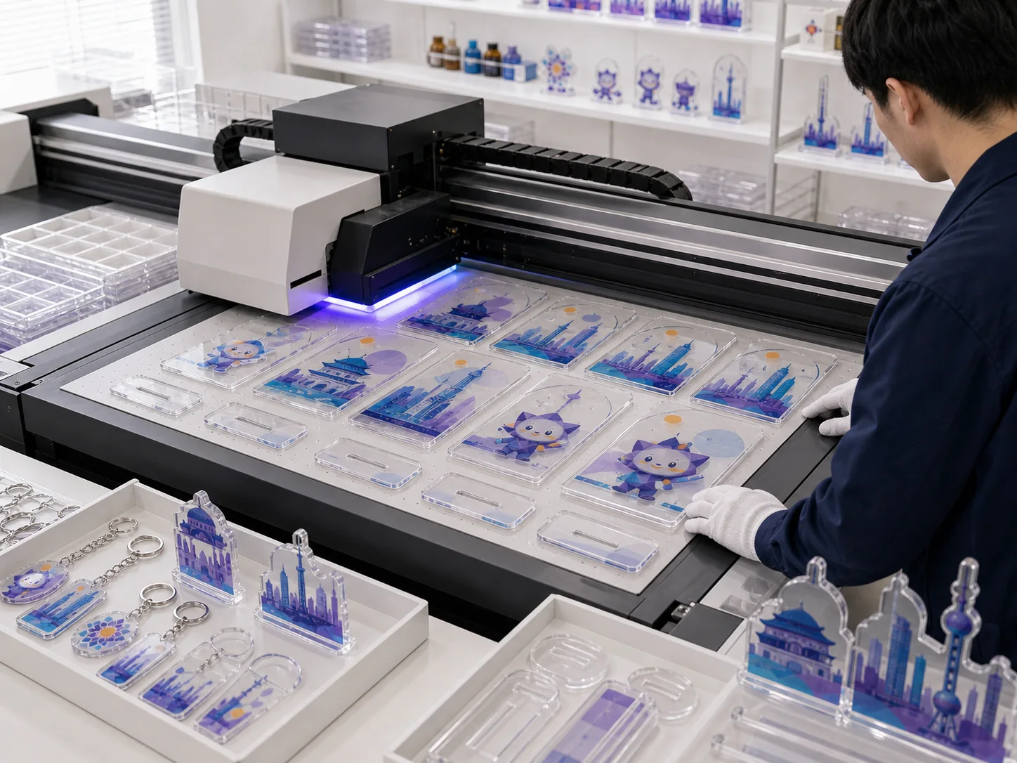 Operator running a UV flatbed printer over sheets of acrylic charms