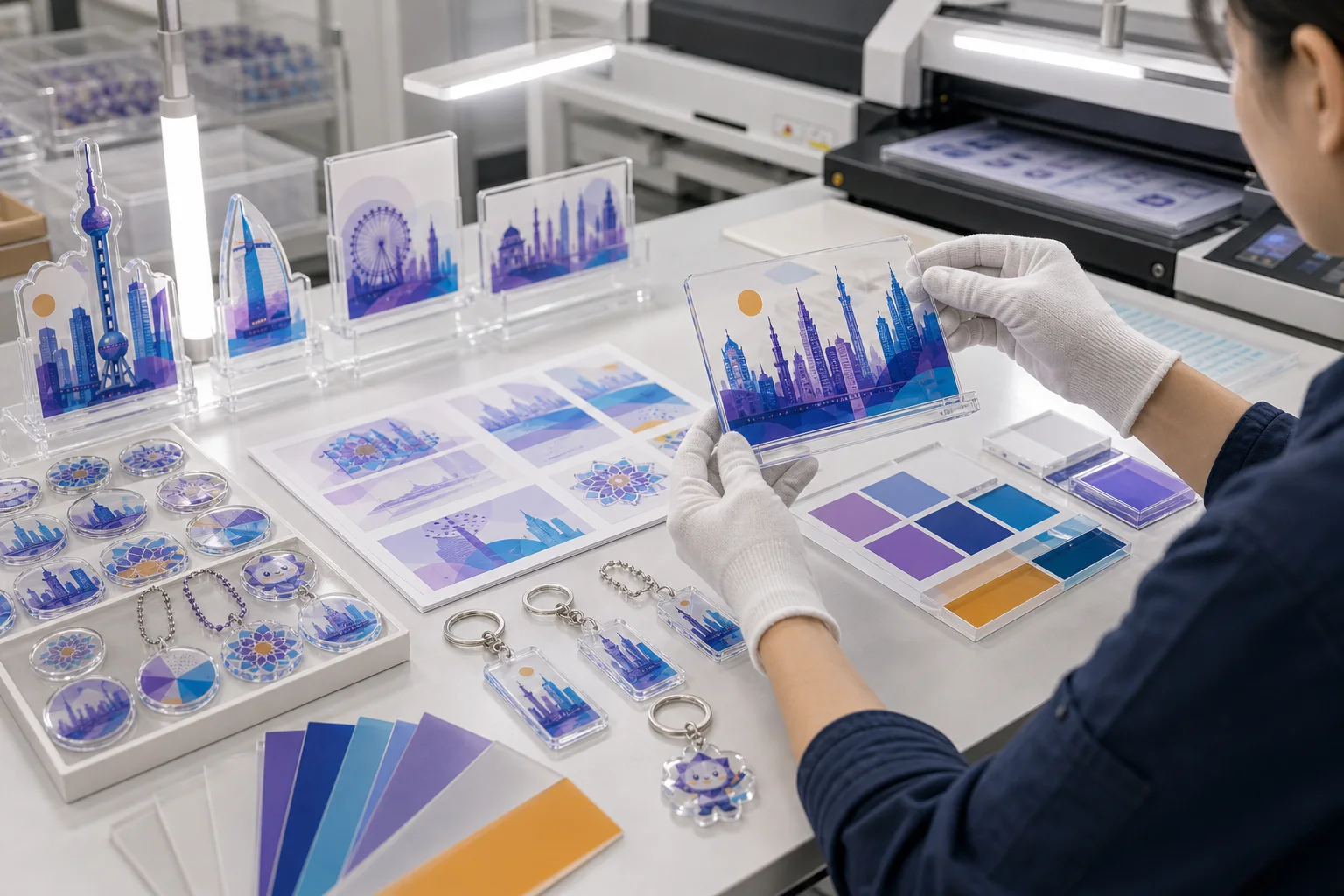 Hands holding a UV-printed acrylic panel beside color swatches