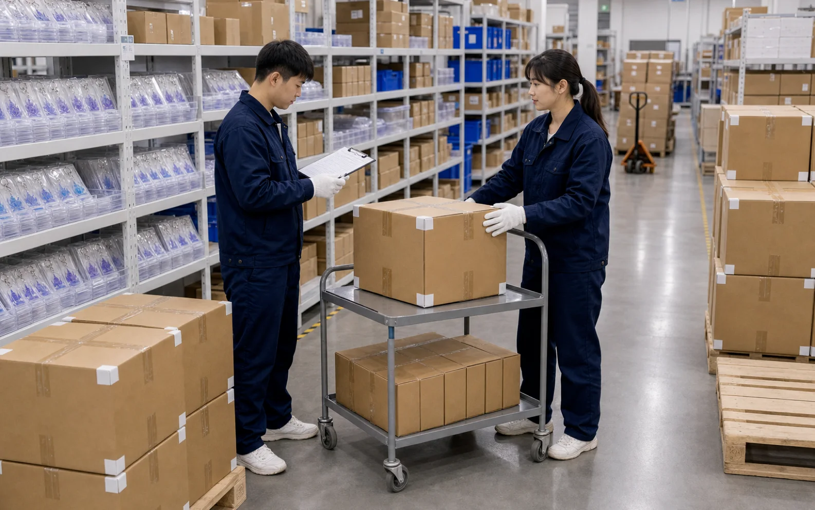Warehouse staff checking sealed cartons on a trolley before dispatch