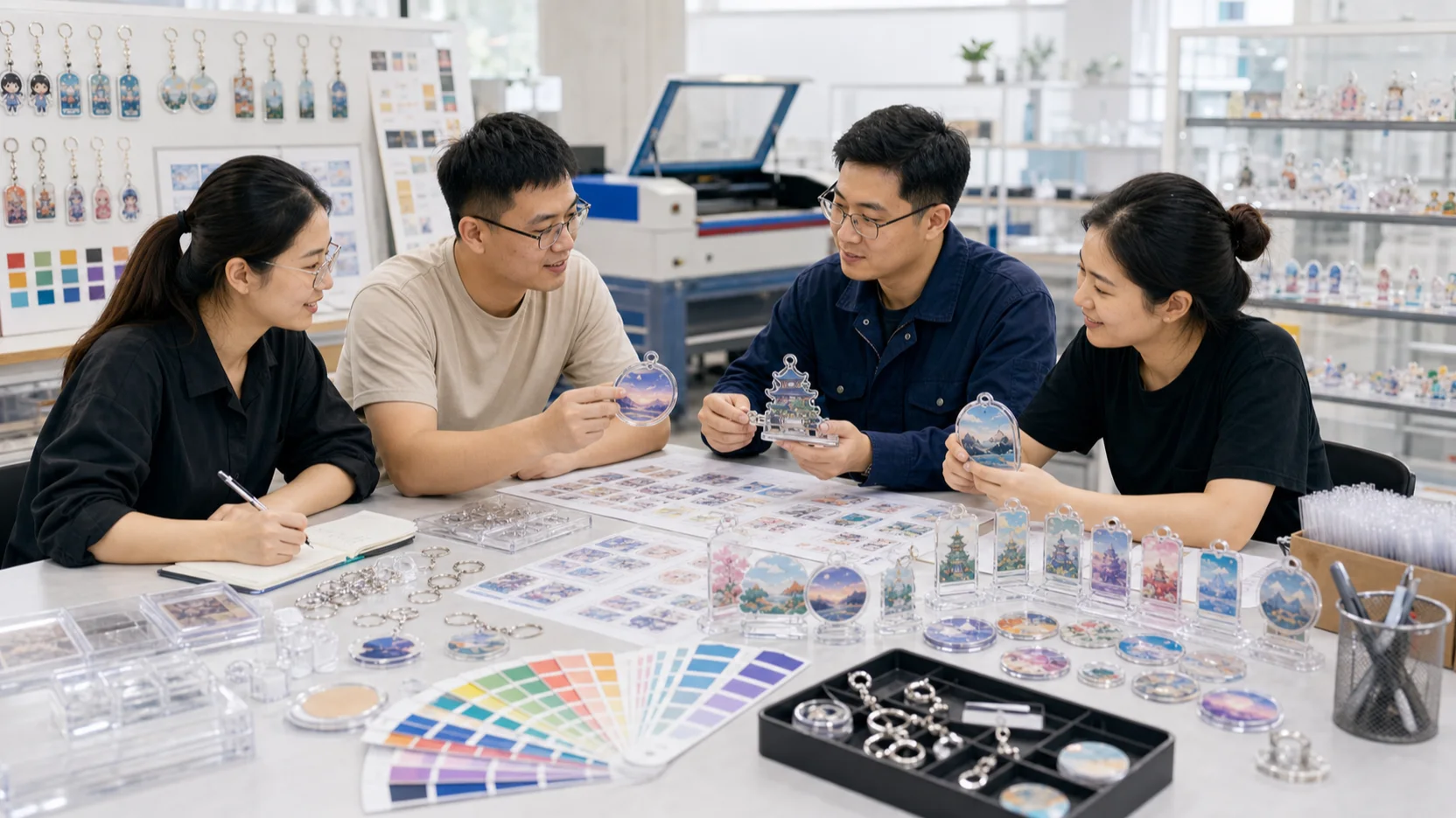 Team discussing acrylic samples and color swatches around a worktable