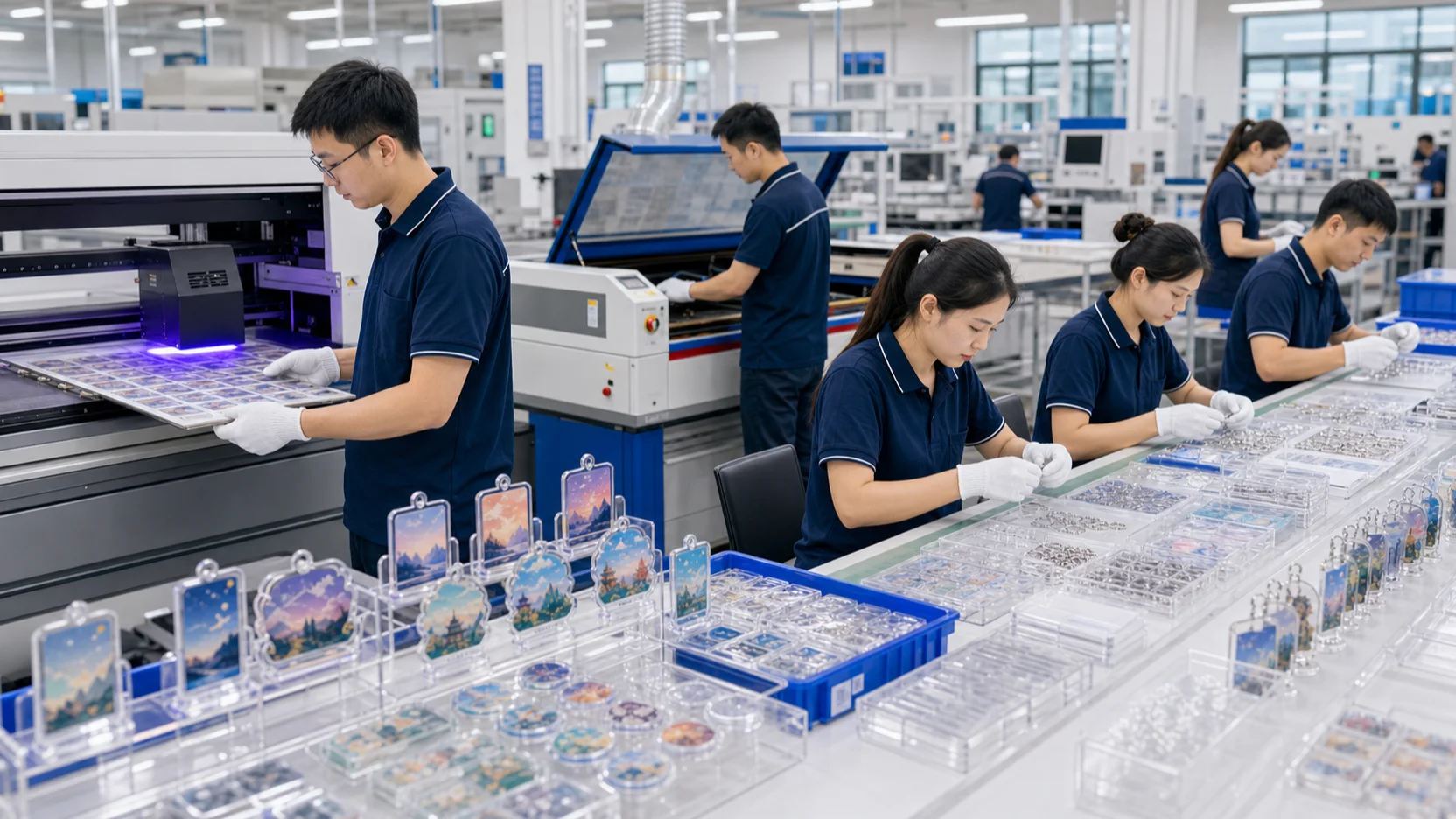 Production floor with UV printing, assembly, and inspection stations working on acrylic merch