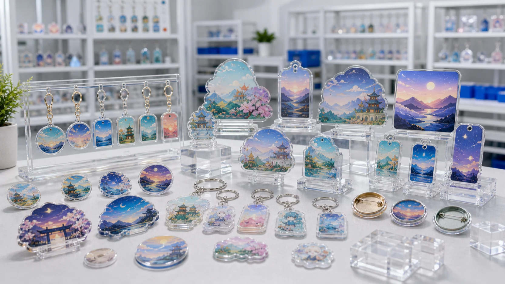 A finished acrylic merch family — standees, charms, magnets, and mirrors — laid out in soft studio light