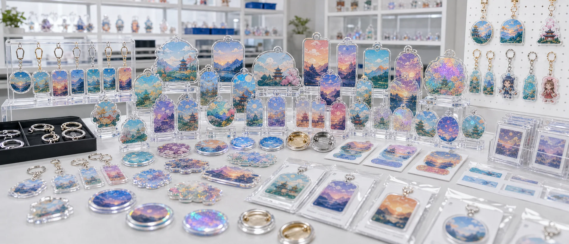 Rows of finished iridescent acrylic charms and standees catching the light