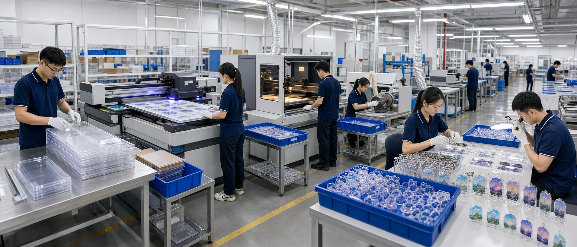 Wide view of the production floor — printing, assembly, and packing stations in one line