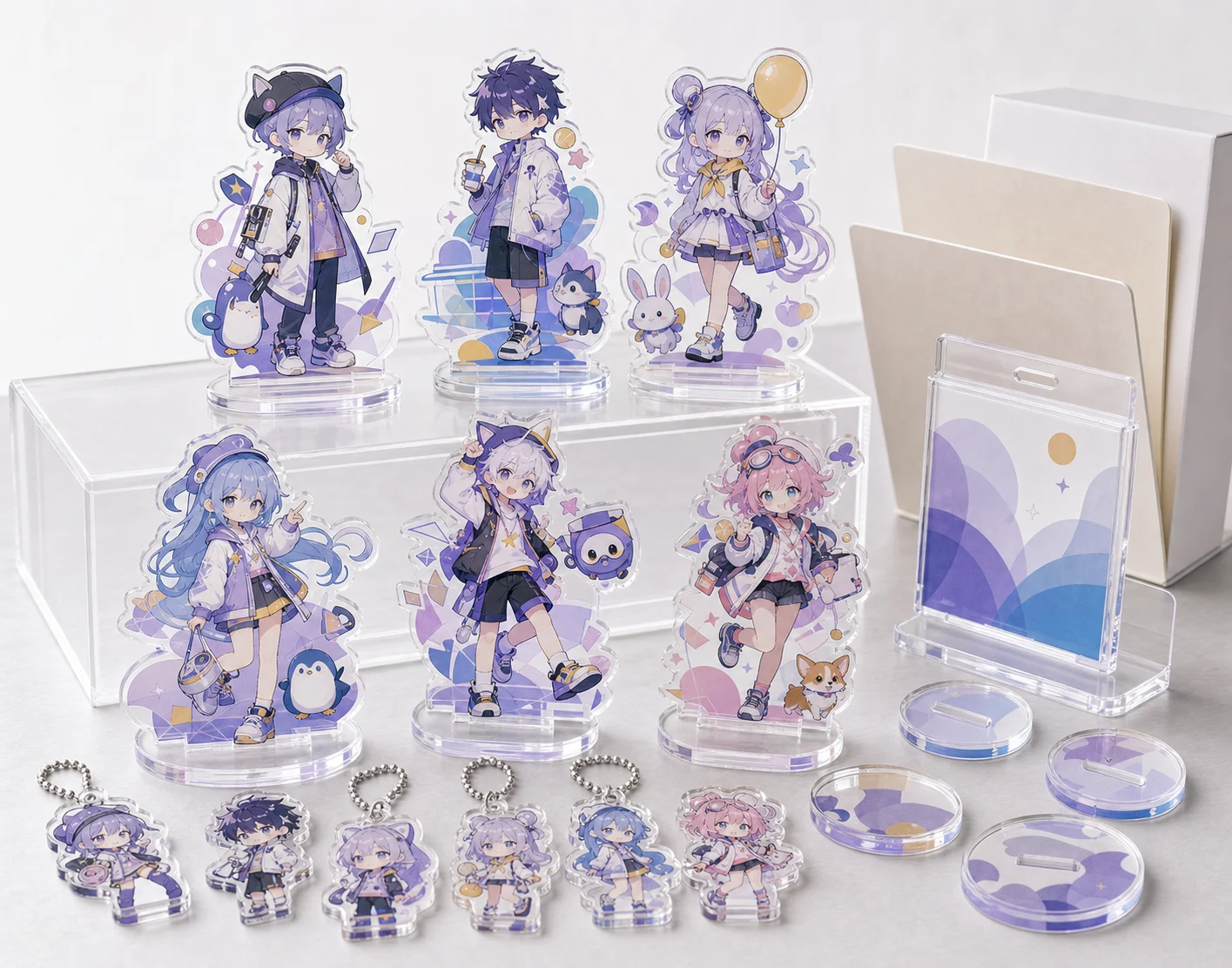 Chibi character acrylic standees lined up in a clear display case