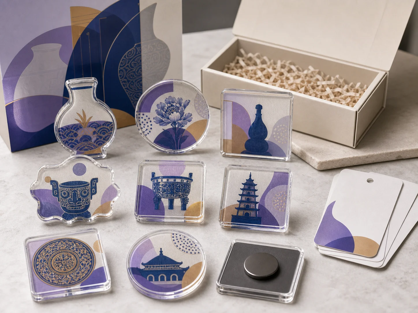 Hard-magnet acrylic fridge magnets with blue-and-white artifact patterns beside gift packaging