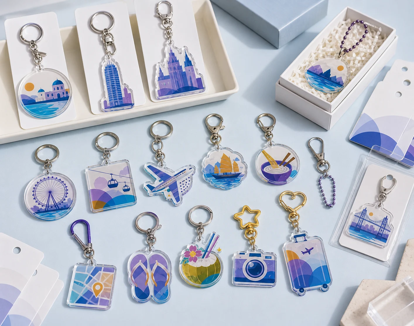 Travel-themed acrylic keychains with landmark and transport motifs laid out with hardware