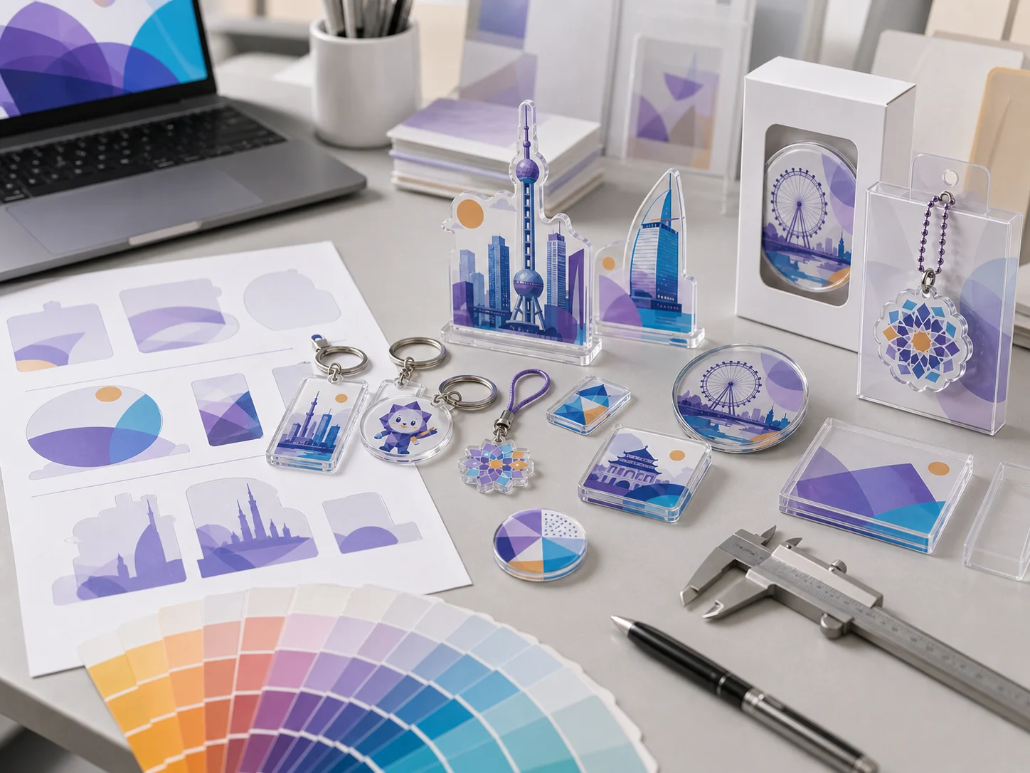 Quote-prep desk: artwork printouts, color swatches, calipers, and finished acrylic samples