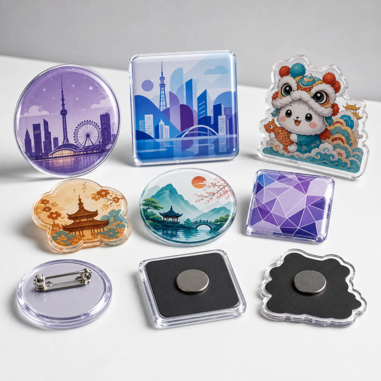 Round acrylic pin badges with skyline and mascot artwork, pin backs visible