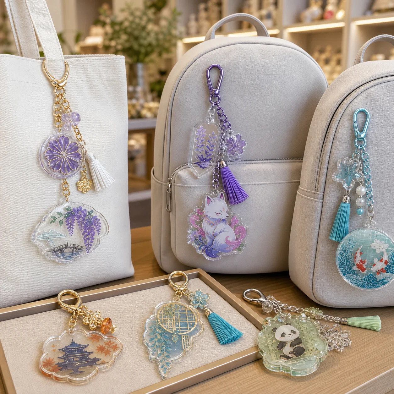 Acrylic bag charms with gold chains and tassels hanging from a cream backpack