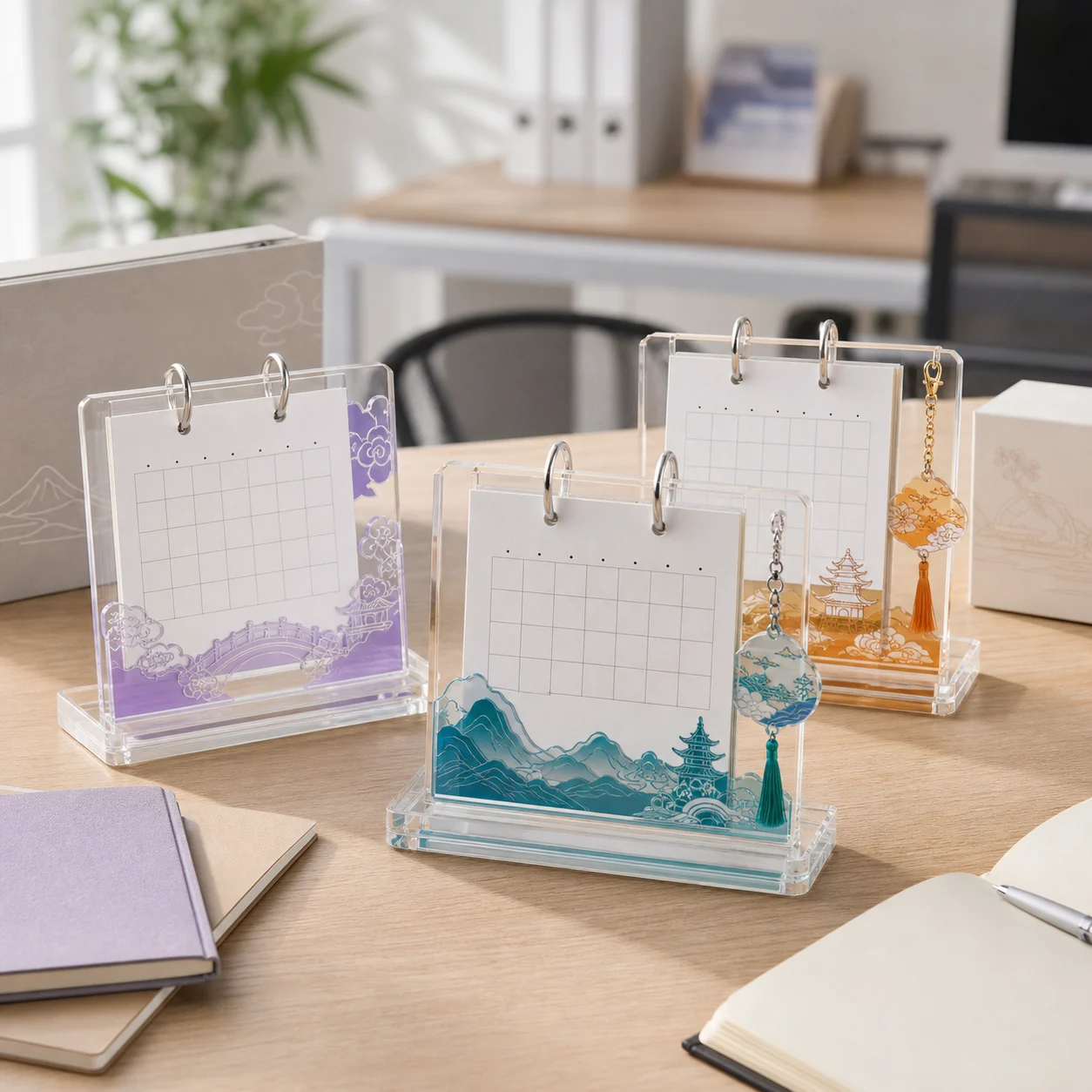 Desktop acrylic calendars with ring-bound month cards and printed landscape panels