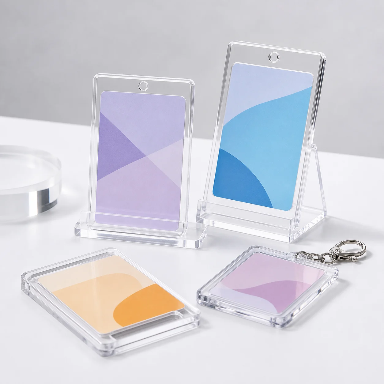 Clear acrylic photo card holders in stand and keychain formats