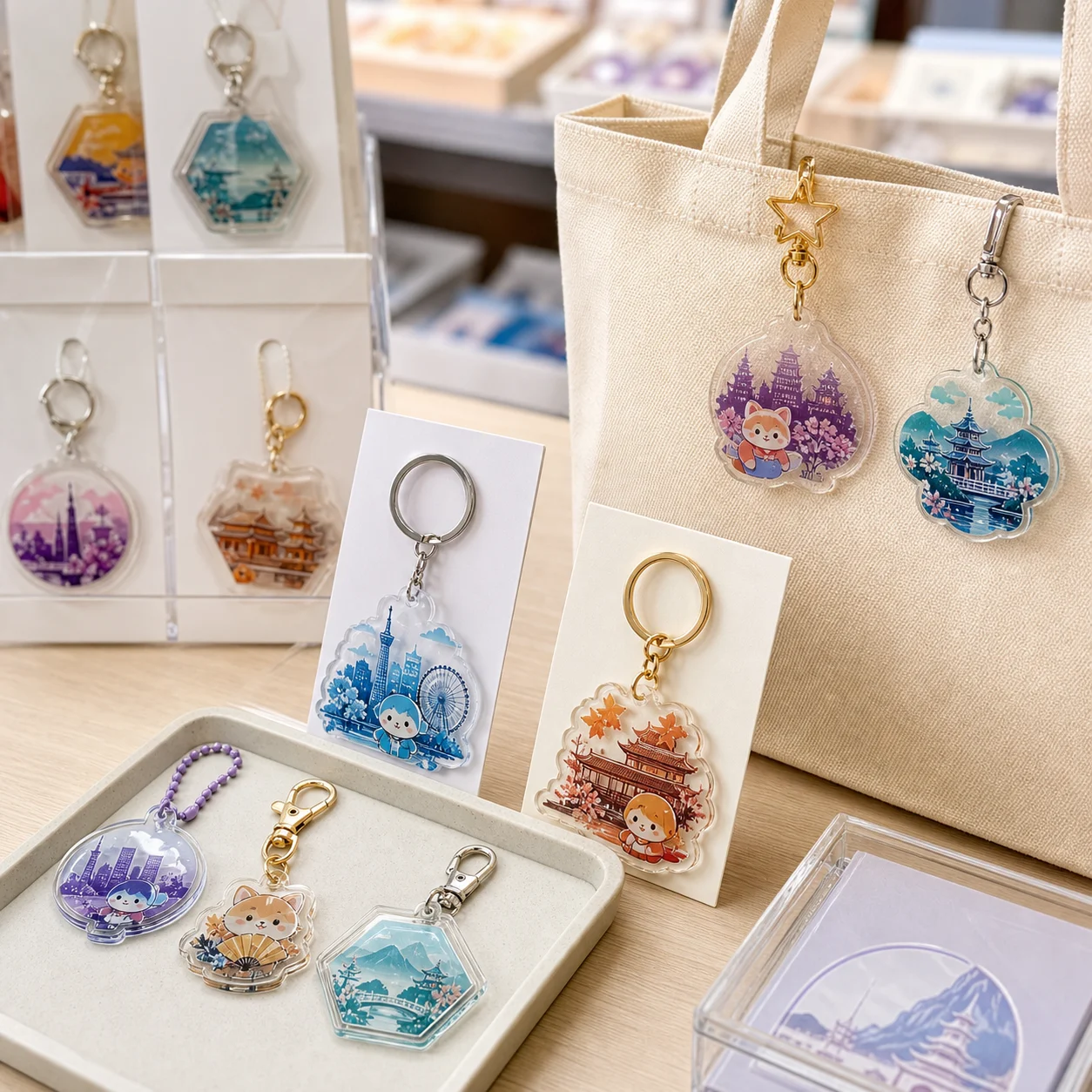 Acrylic keychains on backer cards with gold clasps, hanging on a retail display