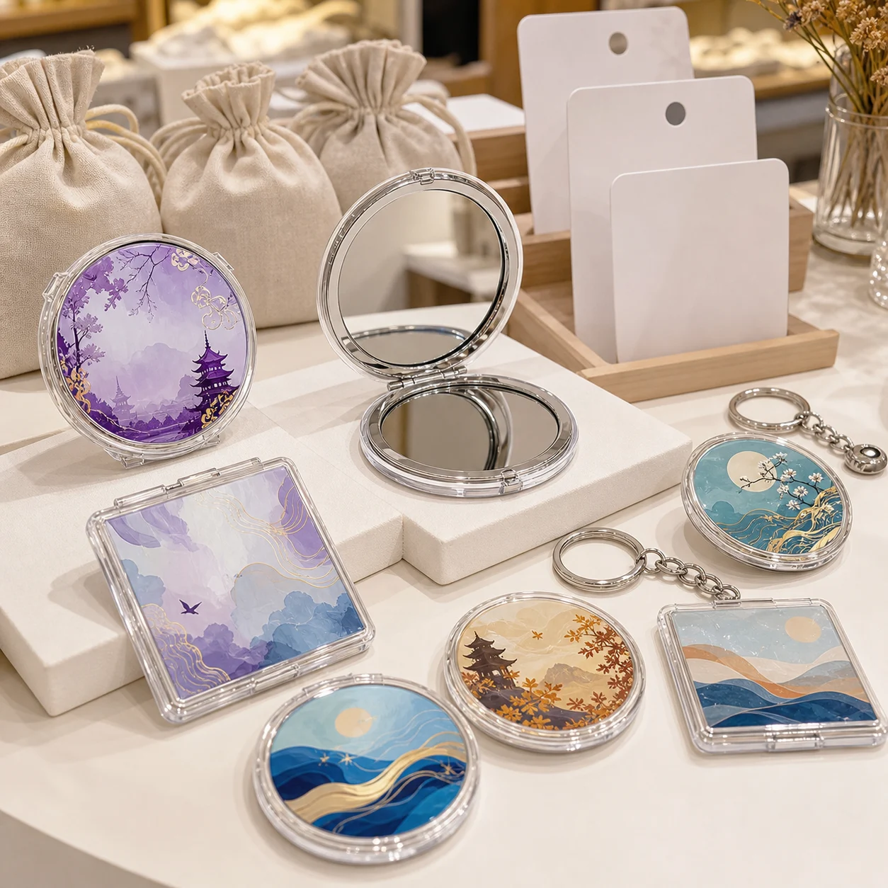Compact acrylic pocket mirrors with printed floral and landscape covers