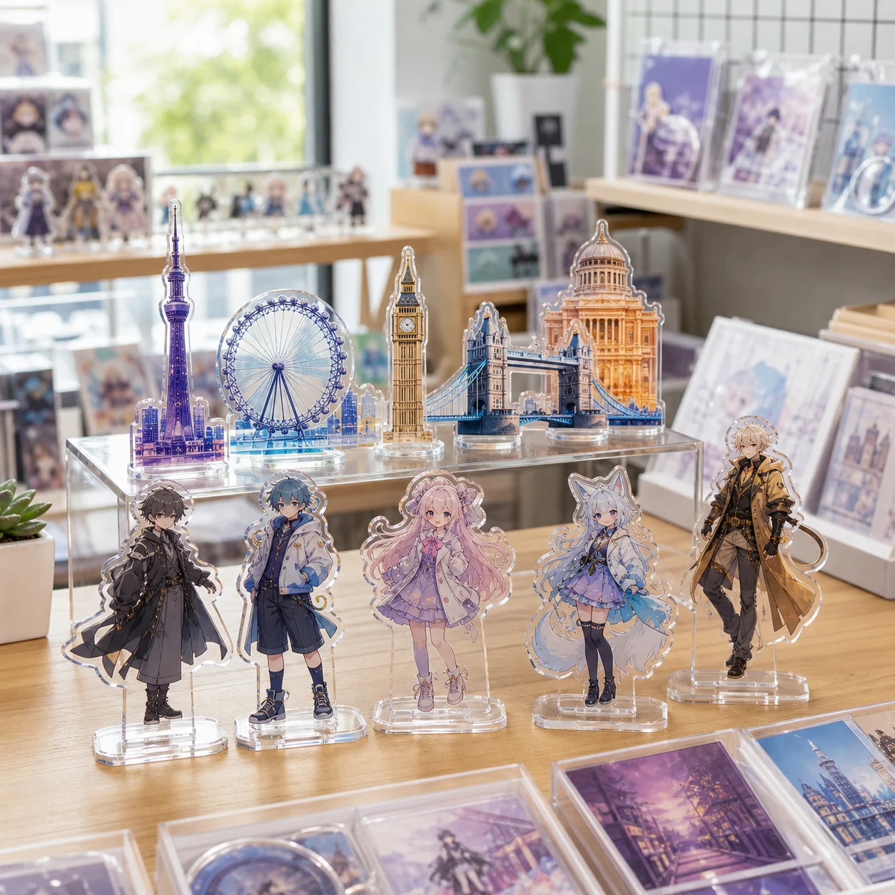 Acrylic standees of characters and city landmarks on slot bases in a retail display