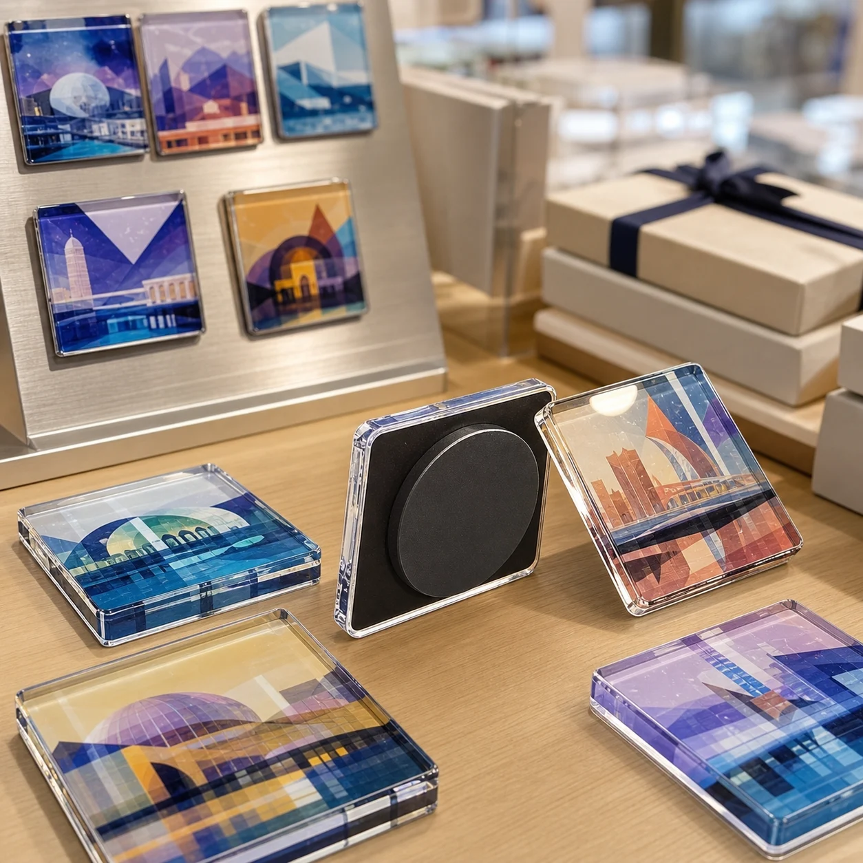 Thick acrylic fridge magnets with strong black magnetic disc backing