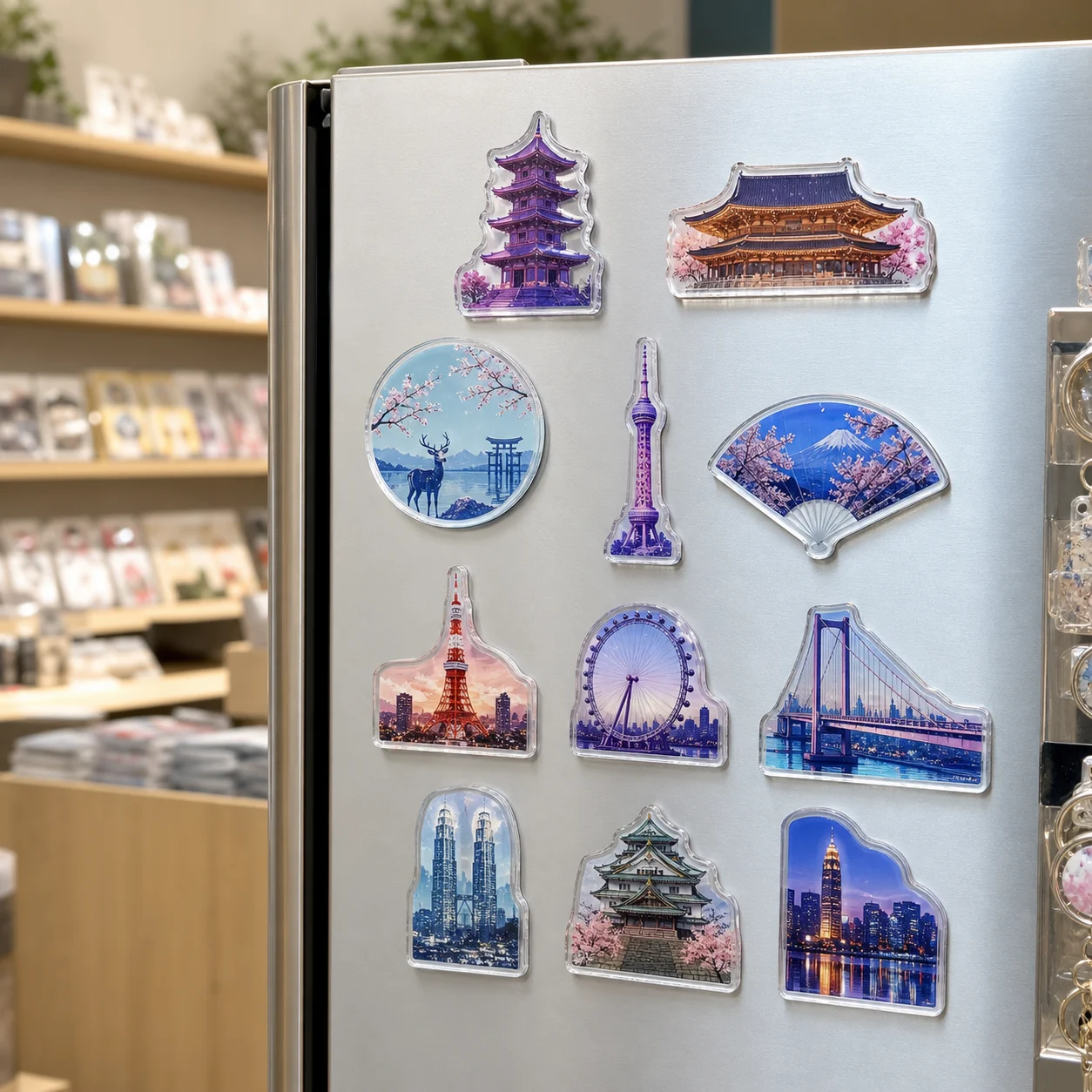 Die-cut soft magnet fridge magnets with landmark artwork displayed on a metal panel