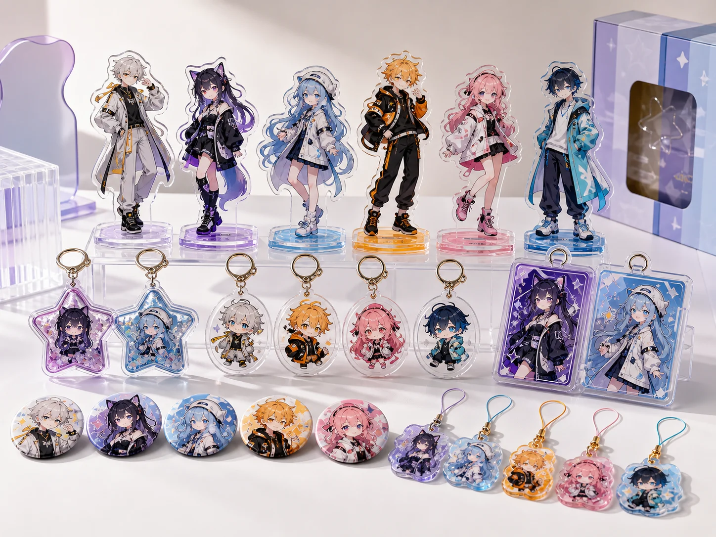 Lineup of anime-style character standees, keychains, and badges on display