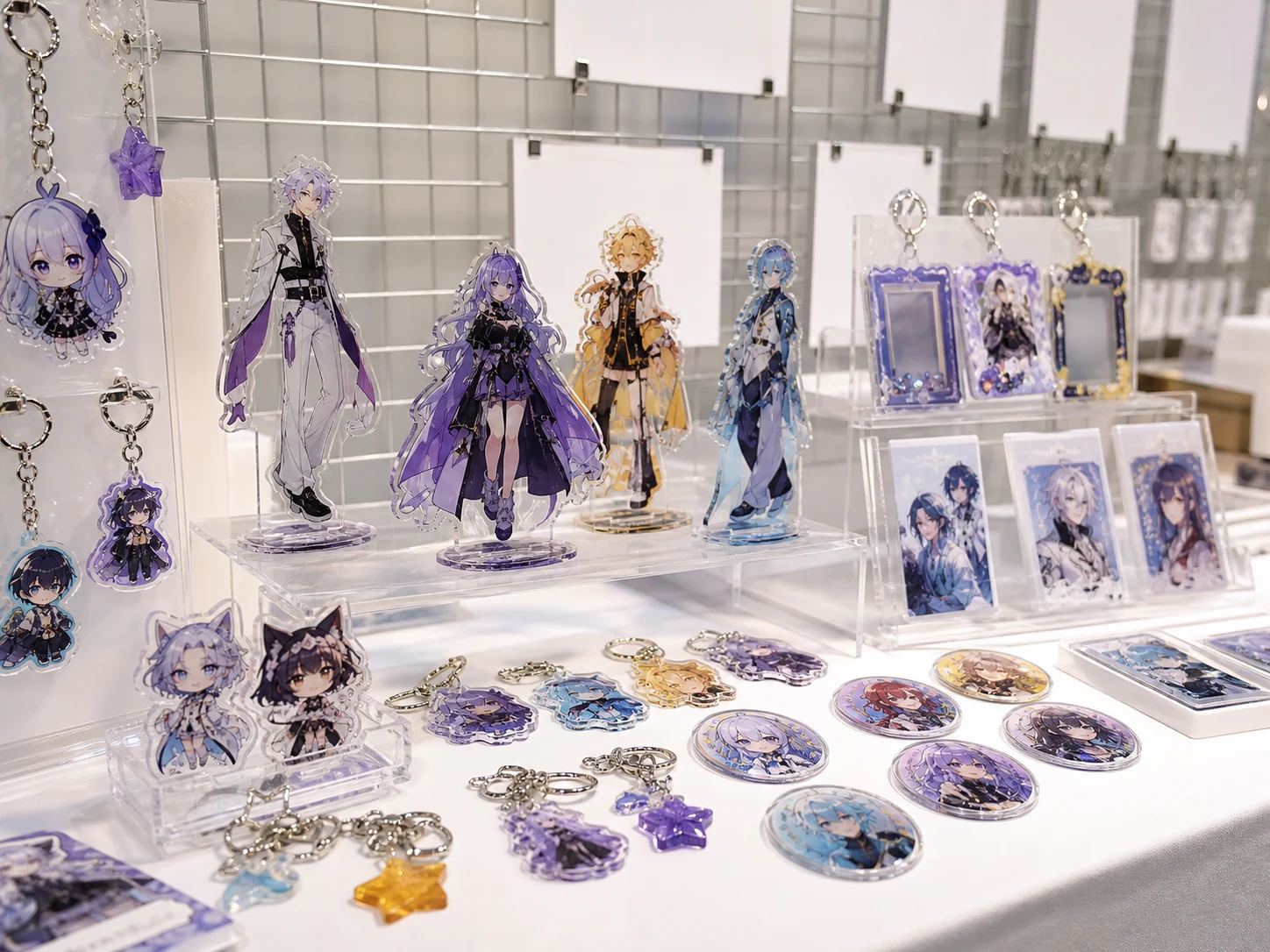 Anime-style standees, keychains, and badges arranged as a booth display