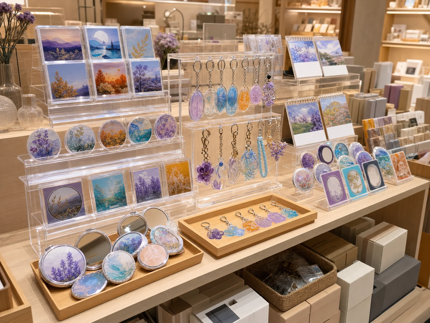 Tiered retail display stocked with coordinated acrylic keychains, magnets, and charms